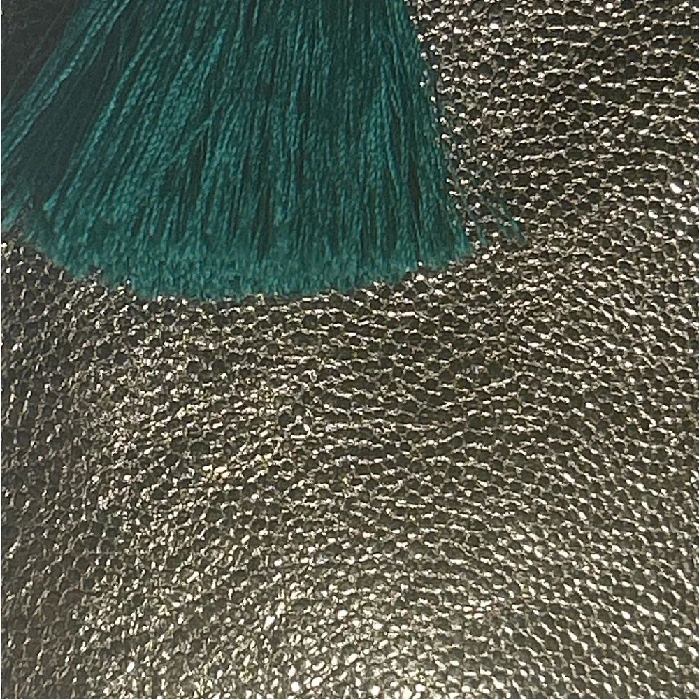 J.Crew Metallic Gold Pebbled Leather Green Tassel Clutch Bag 8.25